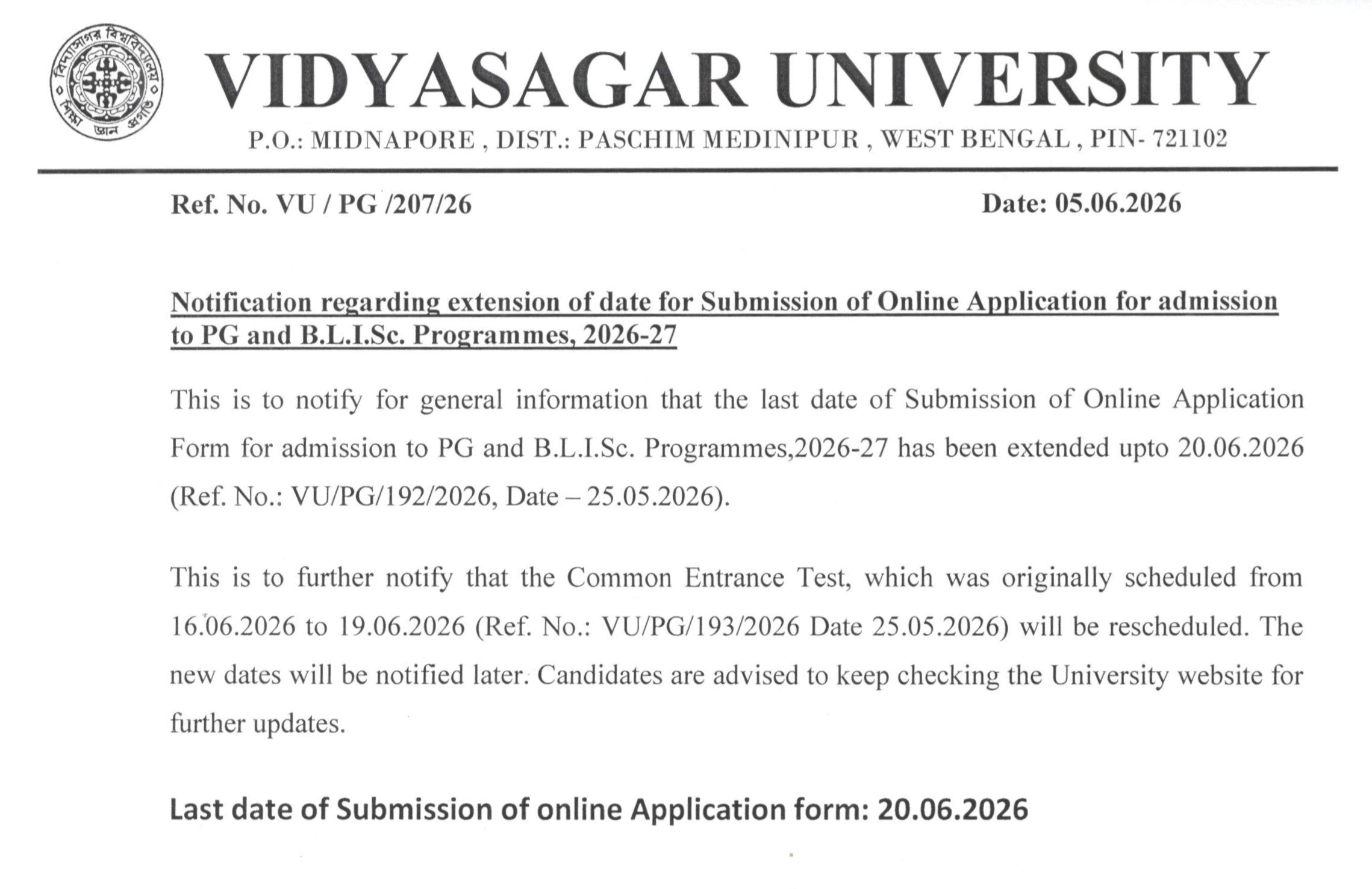 Notification regarding extension of last date of application